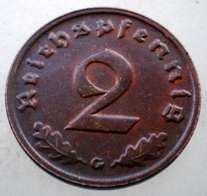 2.653 GERMANIA WWII 2 REICHSPFENNIG 1939 G XF EROARE