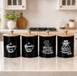Set 4 recipiente de bucătărie Ruhhy, &icirc;nchidere ermetică, 1,5 L, negru mat cu capac din bambus, 17 x 11 x 11 cm