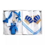 Cumpara ieftin Trusou Botez 7 piese, personalizat cu broderie - &quot;Cu drag de la Nasi&quot; - Coroana de print ALBASTRA - TB66