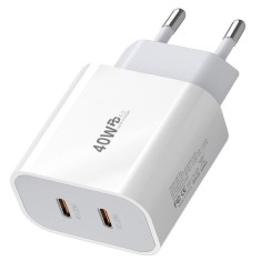 Incarcator Fast Charge pentru Telefon, Flippy, Power Delivery 40W, Dual Port Type-C la PD20W, Compatibil cu orice Telefon, Alb