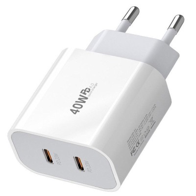 Incarcator Fast Charge pentru Telefon, Flippy, Power Delivery 40W, Dual Port Type-C la PD20W, Compatibil cu orice Telefon, Alb foto
