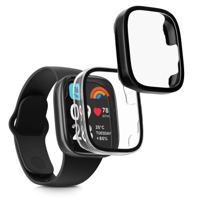 Set 2 Huse Kwmobile cu sticla securizata pentru Xiaomi Redmi Watch 3 Active / Redmi Watch 3 Lite, Transparent/Negru, Plastic, KWM000024ZD002C foto