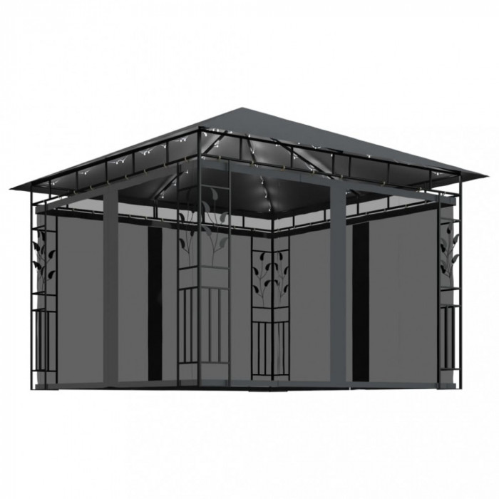 Pavilion cu plasa anti-tantari&amp;lumini LED, antracit, 3x3x2,73 m