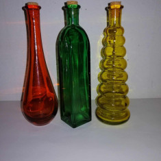 3x Vas flacon recipient din sticla sticluta colorata cu dop de pluta 17.5 cm