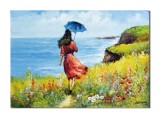 Cumpara ieftin Tablou peisaj marin pictat manual, Tanara cu umbrela, 70x50cm ulei pe panza, Constantin Feraru