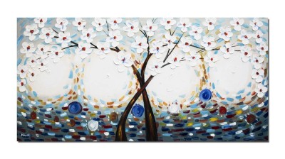 Tablou pictat manual, Copacul vietii cu flori albe, 120x60cm ulei pe panza in relief efect 3D foto