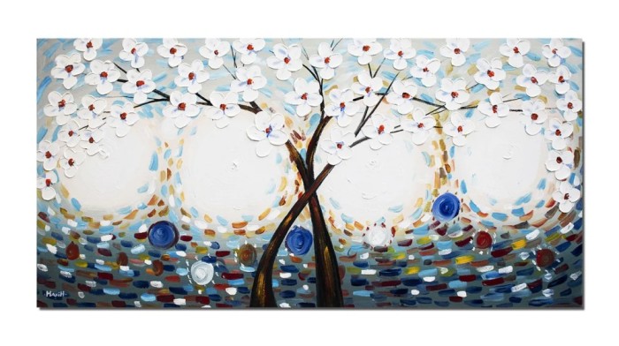 Tablou pictat manual, Copacul vietii cu flori albe, 120x60cm ulei pe panza in relief efect 3D