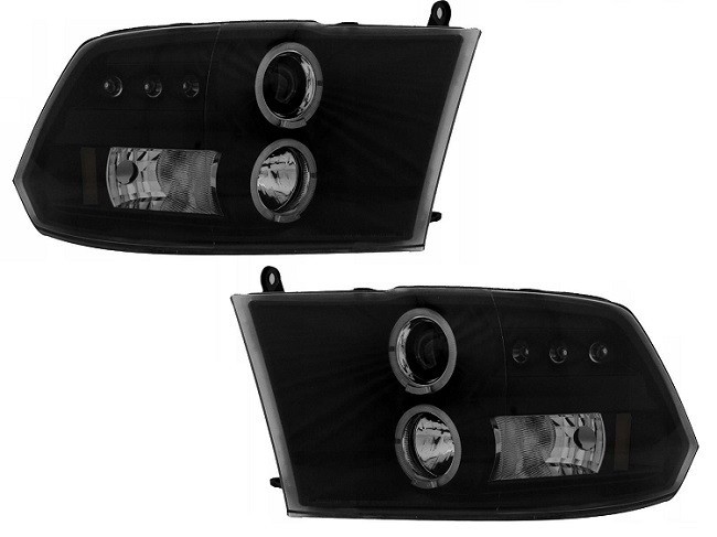 Set faruri Dodge Ram (Ds/Dj), 09.2008-, partea Stanga+Dreapta, Tuning, Fata, Lampa de parcare pe fibra optica; Tip=USA; tip bec H1+H1; manual; negru,