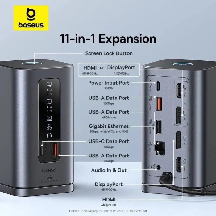 Baseus Docking station Spacemate Series 11-in-1, USB-C la 2x HDMI 4K@60Hz, 2x DP 4K@60Hz, 1x USB-C, 1x RJ45, 1x USB-A (480Mbps), 1x 3.5mm Audio, Gri