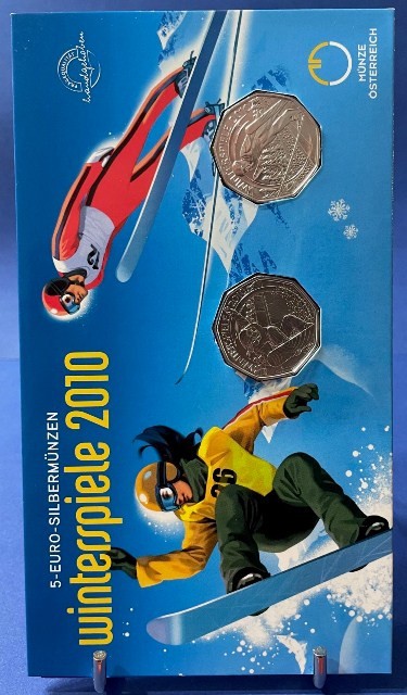 AUSTRIA 2010 -5 Euro +5 Euro - J. O. de iarna -Vancouver - Ag. 800 / Blister