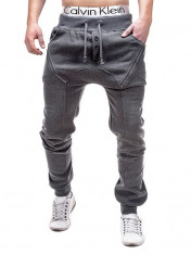 Pantaloni pentru barbati de trening, gri-inchis, cu banda jos, semi-tur, siret, bumbac - P184 foto