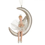 Ornament Crăciun Balerină Lună, Alb-Auriu, 11cm, Polirasină