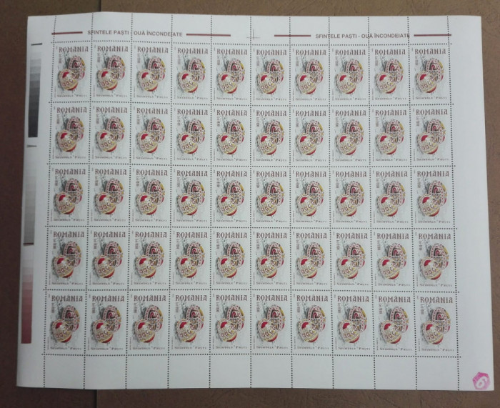 TIMBRE ROMANIA MNH LP1479/1999 Sfintele Paști -Ouă &icirc;ncondeiate -coală 50 timbre