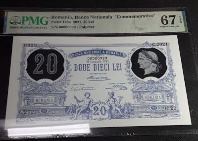 ROMANIA 20 lei 1881 (2021) REPLICA BNR polymer + PLIANT + PLIC BNR UNC gradata PMG 67 foto