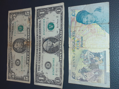 Bancnote 5 Dollars One Dollar 5 Pounds/ 1988, 2001, 2002/Federal Reserve/England foto