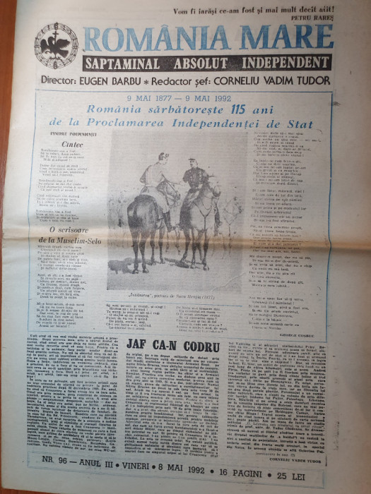 ziarul romania mare 8 mai 1992-115 ani de la proclamarea independentei de stat