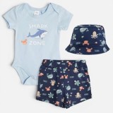 Set de vara pentru bebelusi din bumbac, 3 piese: body cu maneca scurta, pantaloni scurti si palarie, Albastru, CMCLASS