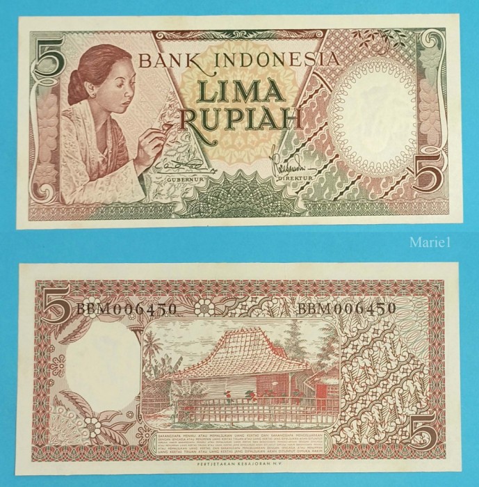 Indonezia 5 Rupiah 1958 &#039;Batiking&#039; UNC serie: BBM006450 p55