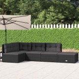 Set șezlonguri de grădină, 5 piese, cu perne, negru, poliratan