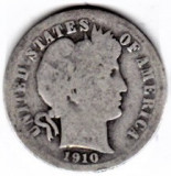 SUA One Dime=10 Cents 1910 D argint 90% aprox 2,5 gr.necuratata cu patina, America de Nord