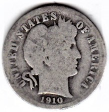 SUA One Dime=10 Cents 1910 D argint 90% aprox 2,5 gr.necuratata cu patina foto