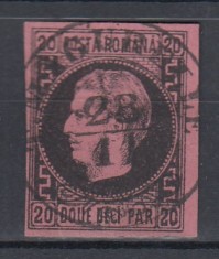 ROMANIA 1866/1867 LP 20 b CAROL CU FAVORITI 20 PAR HARTIE GROASA PUNCT IN GREACA DREAPTA SUS STAMPILAT