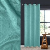 Perdea decorativa opaca, catifelata, petrol, cu model frunze tropicale reliefate, cu inele, 140x260cm, CMCLASS