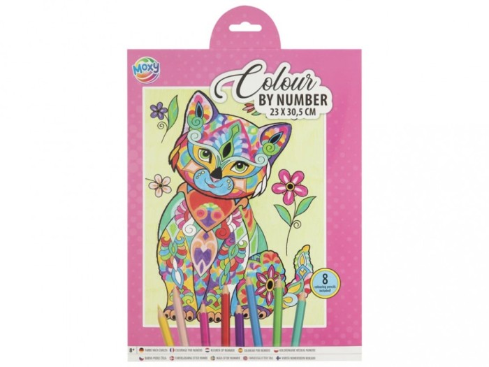Set creativ, Coloreaza pe numere, A4, 8 creioane, pisica, Moxy