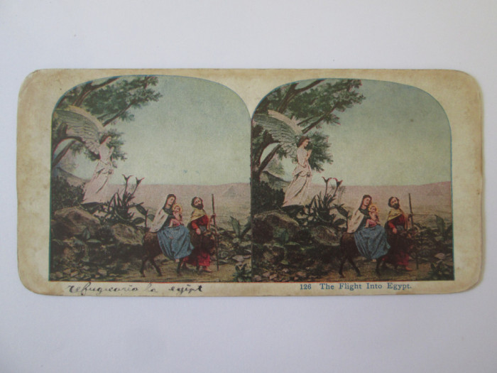 Fotografie stereoscopica policromă pe carton 178 x 86 mm:Fuga &icirc;n Egipt cca.1900