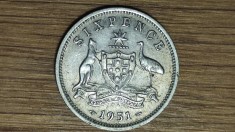 Australia -moneda argint - 6 pence 1951 PL -George VI- serie rara fara IND:IMP