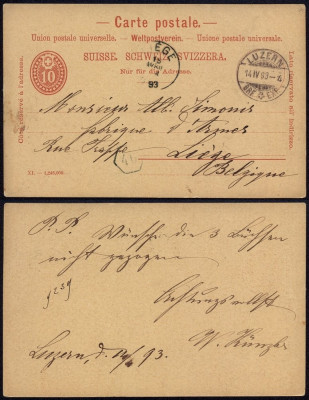 Switzerland 1893 Old postcard postal stationery Luzern to Liege Belgium DB.181 foto