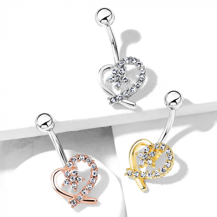Piercing din oțel, pentru buric - conturul unei inimi cu o floare &icirc;n decupaj, zirconii transparente - Culoare: Argintiu