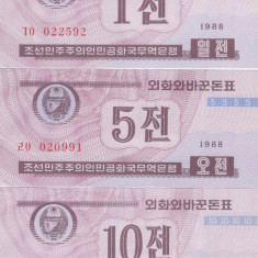 Bancnota Coreea de Nord 1, 5, 10 Chon 1988 - UNC ( vizitatori tari capitaliste )