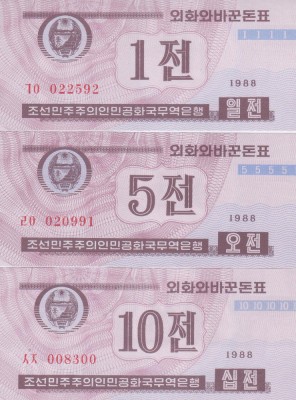 Bancnota Coreea de Nord 1, 5, 10 Chon 1988 - UNC ( vizitatori tari capitaliste ) foto