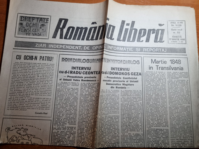 romania libera 17 martie 1990-interviu radu ceontea si domokos geza