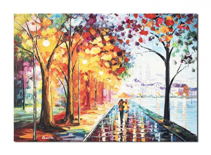 Tablou indragostiti pictat manual, Noi doi sub o umbrela, stilizat, 70x50cm ulei pe panza, Superb