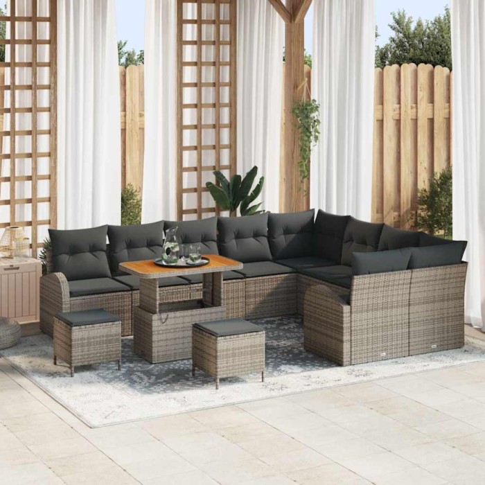 Set de Canapea cu 12 Piese cu Perne Gri Ratan Polimeric Acacia