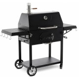 Gratar pe carbuni cu capac, grill din fonta, termometru si rafturi laterale, negru, 153x65x137 cm