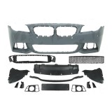 Set bara fata BMW Seria 5 (F10/F11), 2013-2016, cu gauri spalator si senzori parcare, cu metal intaritura; grunduit, de vopsit; type M-Tech; cu grile