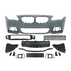 Set bara fata BMW Seria 5 (F10/F11), 2013-2016, cu gauri spalator si senzori parcare, cu metal intaritura; grunduit, de vopsit; type M-Tech; cu grile foto