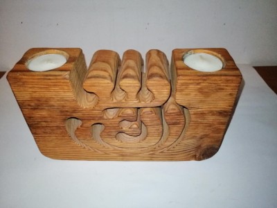 Suport lumanare lemn sculptat manual 1994 Gunnar Kanevad pentru 2 lumanari foto