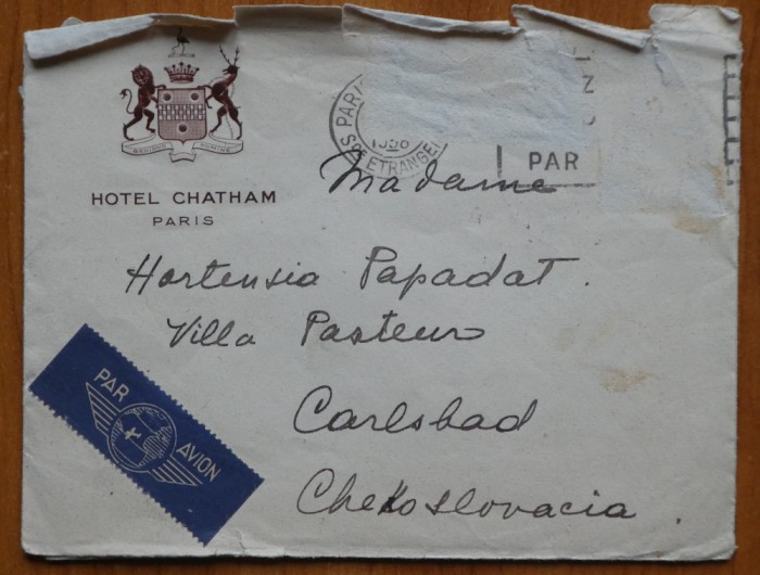 Scrisoare par - avion din Paris catre Hortensia Papadat Bengescu, 1938