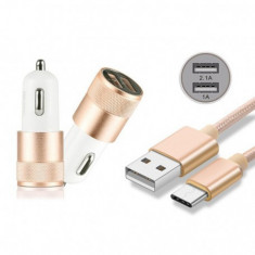 Duo 2.1A/1A Adaptor Auto + cablu USB tip C USB-C Culoare Aur foto