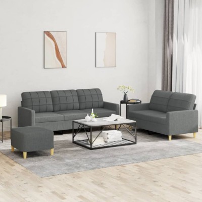 vidaXL Set de canapele cu perne, 3 piese, gri &amp;icirc;nchis, textil foto