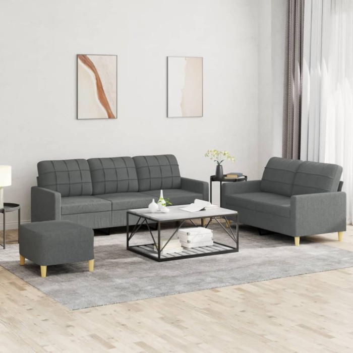 vidaXL Set de canapele cu perne, 3 piese, gri &icirc;nchis, textil
