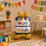 Balon de podea din folie, formă de tort cu fundă aurie și mesaj Happy Birthday, 105x63cm, CMCLASS