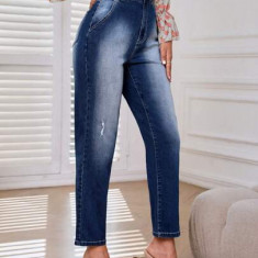 Blugi din denim, cu talie inalta, albastru, dama, Shein