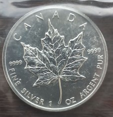 (S) MONEDA DIN ARGINT CANADA - 5 DOLLARS 1990, FRUNZA ARTAR, UNCIE ARGINT PUR, 31.1 GRAME, SIGILATA, UNC