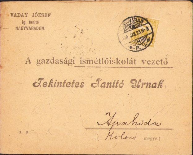 A504 Plic cu antet Vaday J&oacute;zsef tanit&oacute; (&icirc;nvățător), Oradea, 1900