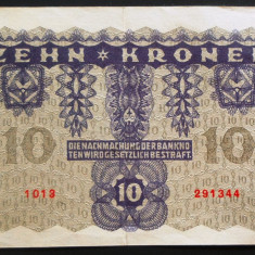 Bancnota istorica 10 COROANE - AUSTRO-UNGARIA (AUSTRIA), anul 1922 *cod 620 A